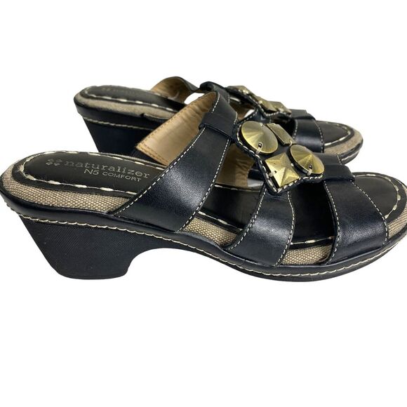 Naturalizer N5 Comfort Wedge Sandal Kari Leather Black Women's 8 M - Picture 1 of 15